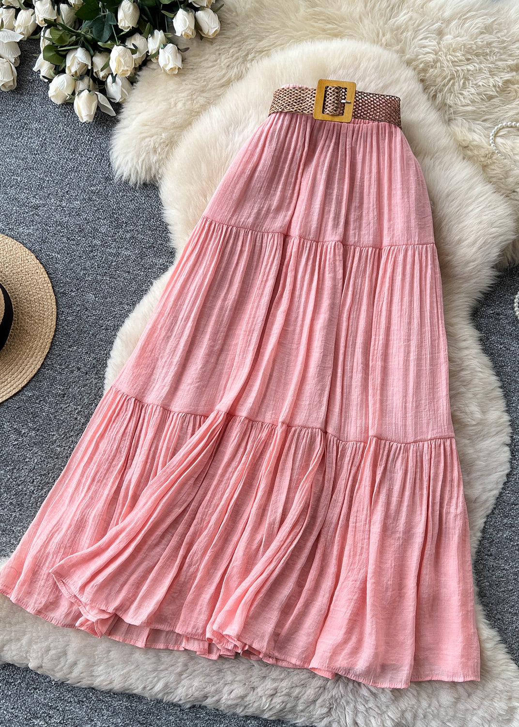 Boho Pink Patchwork Wrinkled Cotton Skirt Summer