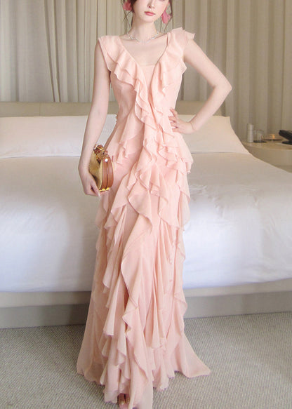 Boho Pink Ruffled Draping Chiffon Vacation Dress Summer