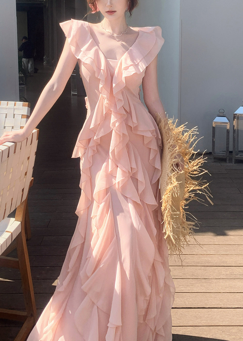 Boho Pink Ruffled Draping Chiffon Vacation Dress Summer