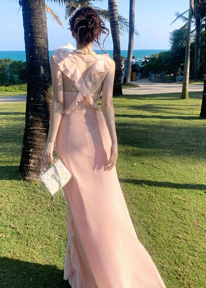 Boho Pink Ruffled Draping Chiffon Vacation Dress Summer