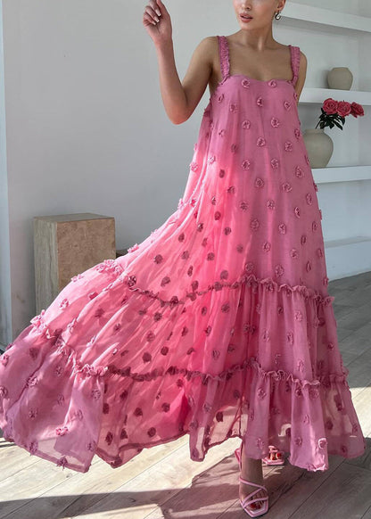 Boho Pink Ruffled Floral Cotton Spaghetti Strap Dress Sleeveless