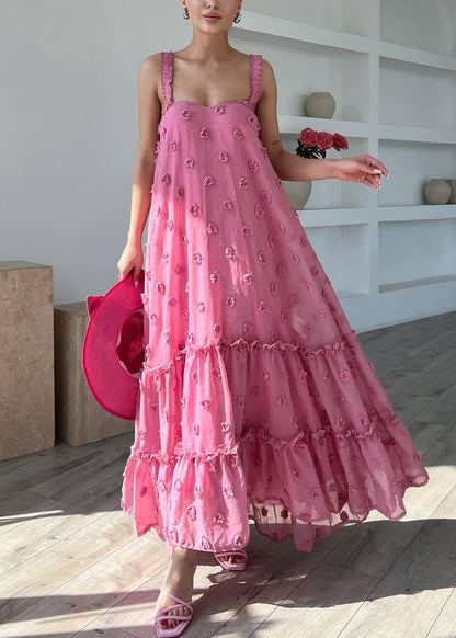 Boho Pink Ruffled Floral Cotton Spaghetti Strap Dress Sleeveless