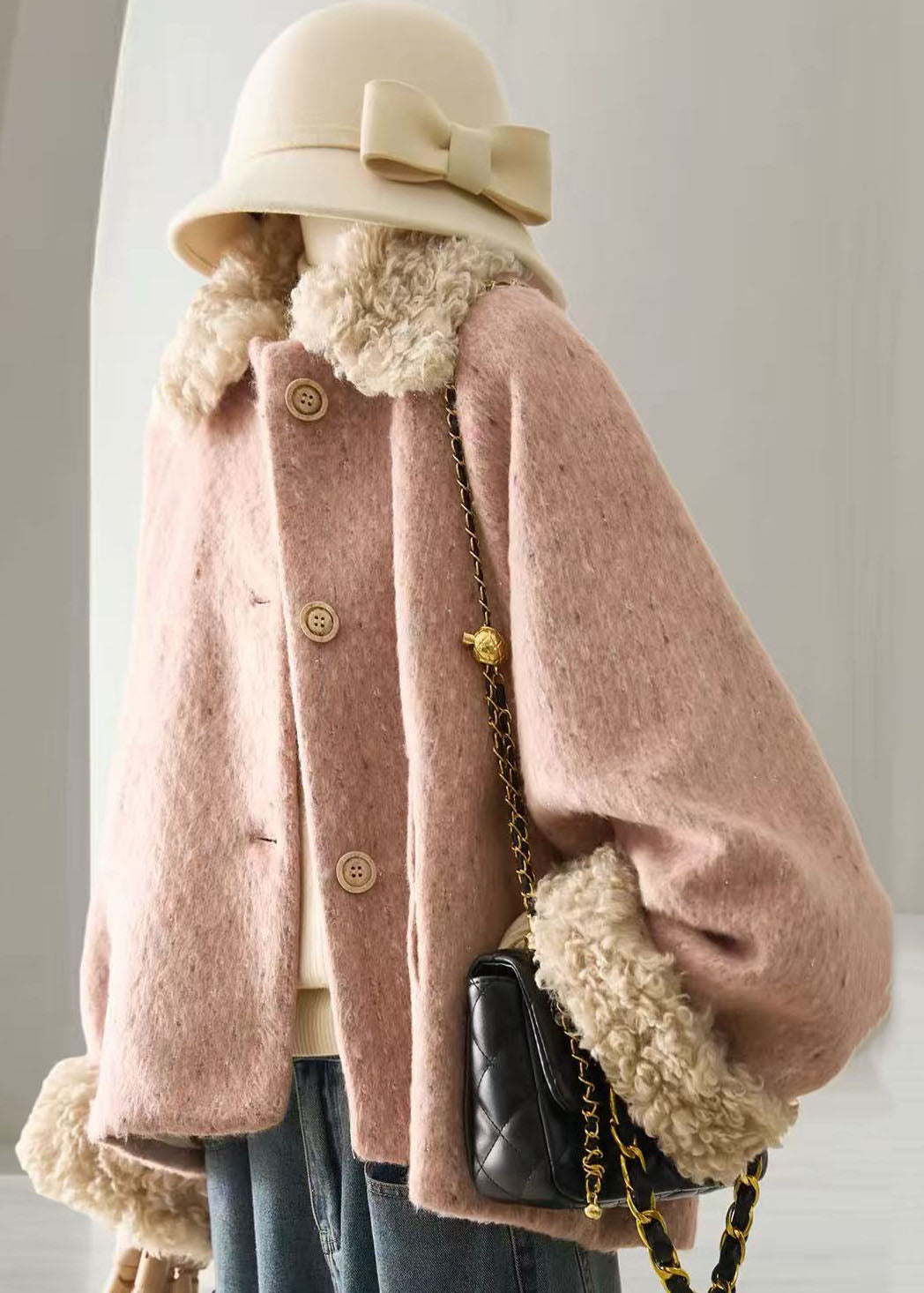 Boho Pink Teddy Faux Fur Patchwork Woolen Cotton Filled Puffer Jacket Winter