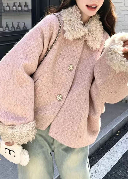 Boho Pink Teddy Faux Fur Patchwork Woolen Cotton Filled Puffer Jacket Winter