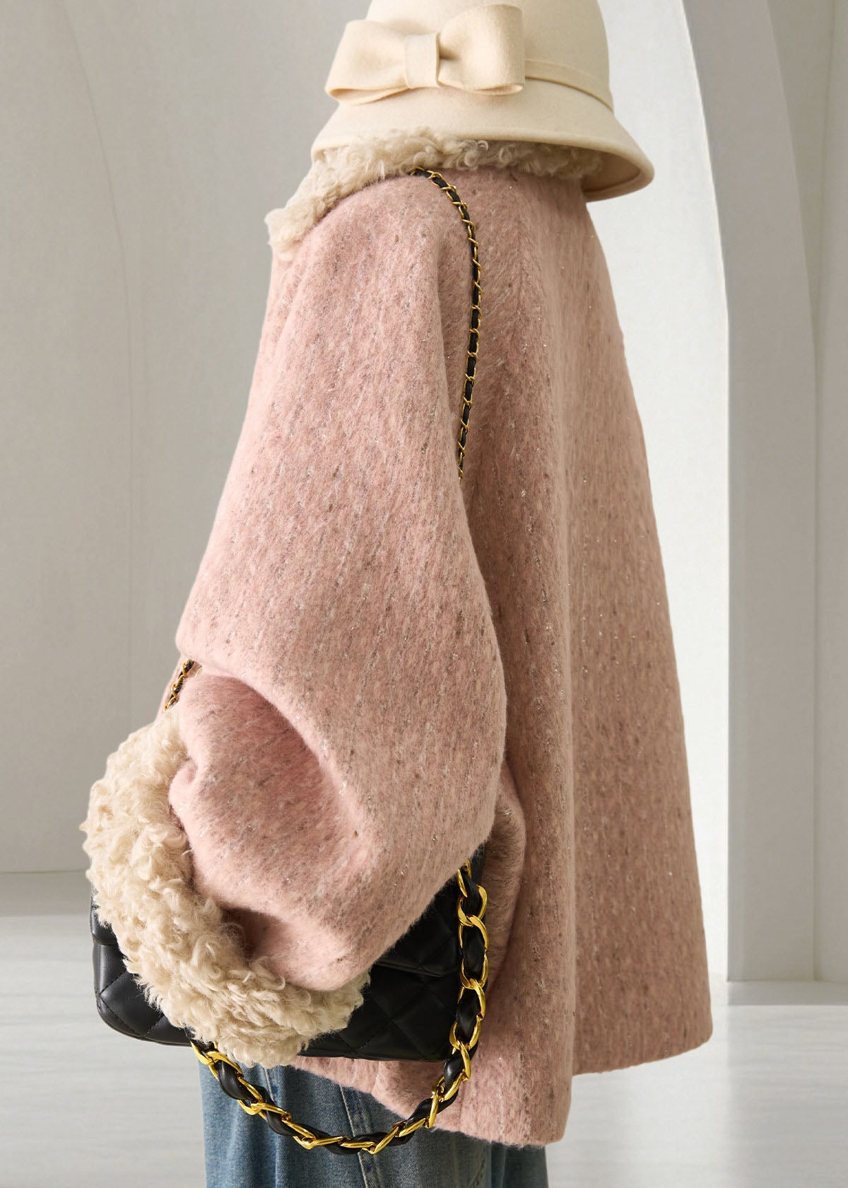 Boho Pink Teddy Faux Fur Patchwork Woolen Cotton Filled Puffer Jacket Winter