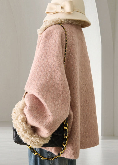 Boho Pink Teddy Faux Fur Patchwork Woolen Cotton Filled Puffer Jacket Winter