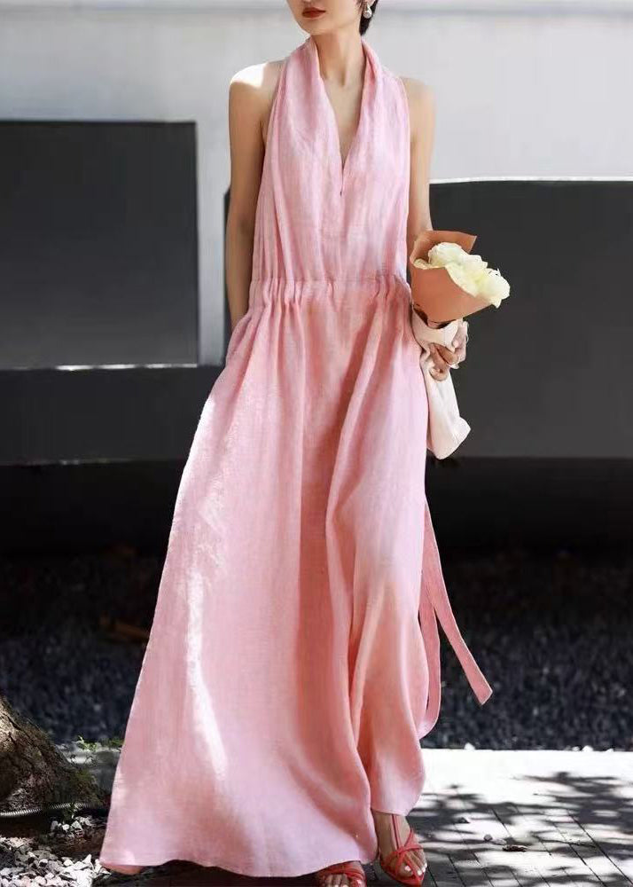 Boho Pink V Neck Drawstring Cotton Robe Dresses Sleeveless