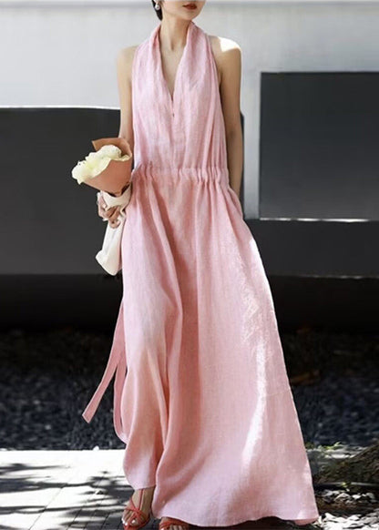 Boho Pink V Neck Drawstring Cotton Robe Dresses Sleeveless