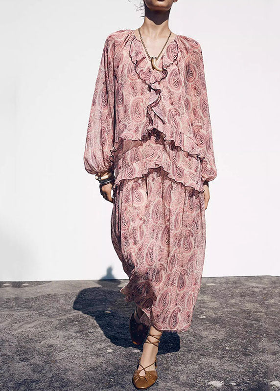 Boho Pink V Neck Print Ruffled Chiffon Dresses Fall