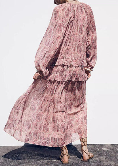 Boho Pink V Neck Print Ruffled Chiffon Dresses Fall