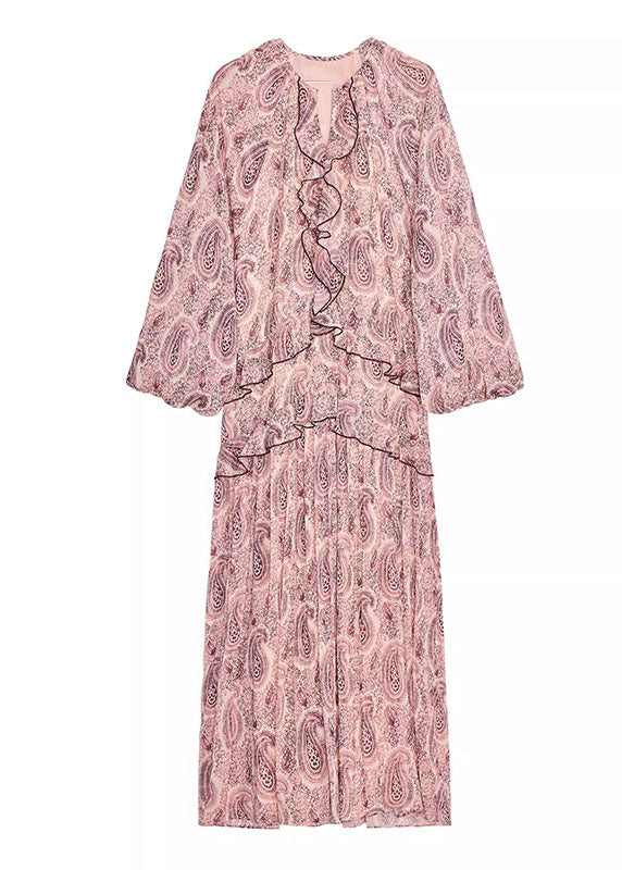 Boho Pink V Neck Print Ruffled Chiffon Dresses Fall