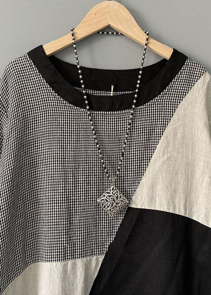 Boho Plaid Print O Neck Patchwork Cotton Mid Dress Summer