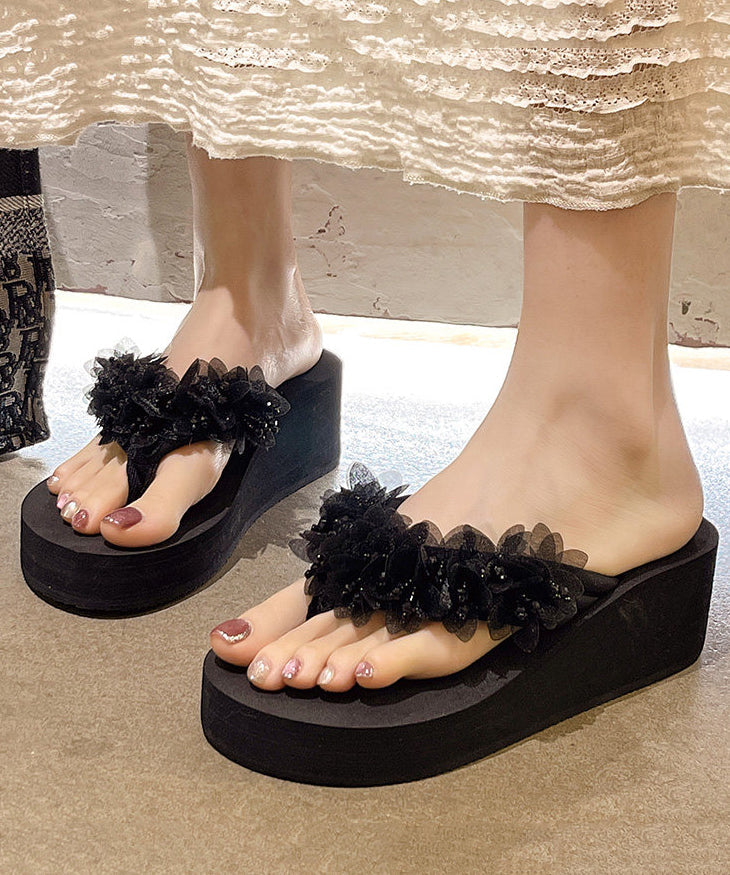 Boho Platform White Flower Faux Leather Flip Flops
