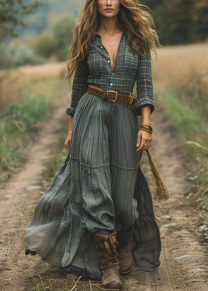 Boho-Plus-Size-Green-Plaid-Patchwork-Cotton-Long-Dress-Spring
