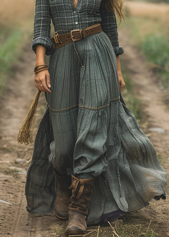 Boho-Plus-Size-Green-Plaid-Patchwork-Cotton-Long-Dress-Spring