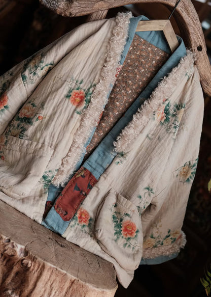Boho Pockets Print Faux Fur Patchwork Fine Cotton Filled Jacket Winter