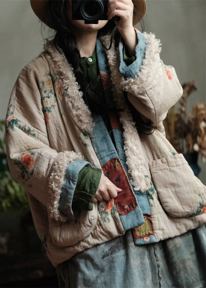 Boho Pockets Print Faux Fur Patchwork Fine Cotton Filled Jacket Winter