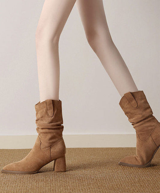 Boho Pointed Toe Chunky Boots Light Camel Faux Leather