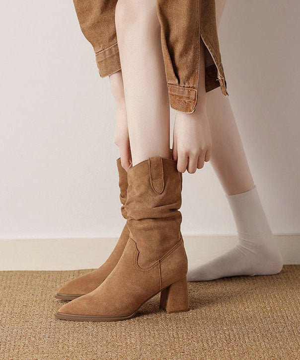 Boho Pointed Toe Chunky Boots Light Camel Faux Leather