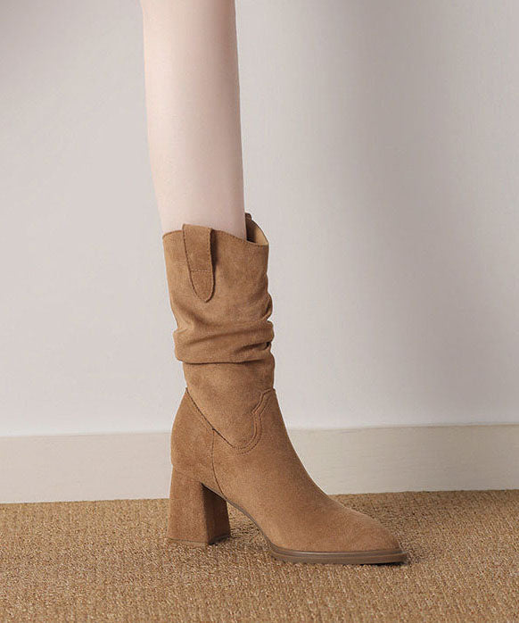 Boho Pointed Toe Chunky Boots Light Camel Faux Leather