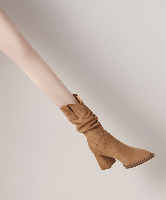 Boho Pointed Toe Chunky Boots Light Camel Faux Leather