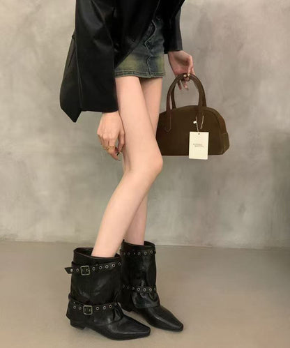 Boho Pointed Toe Wedge Boots Black Faux Leather