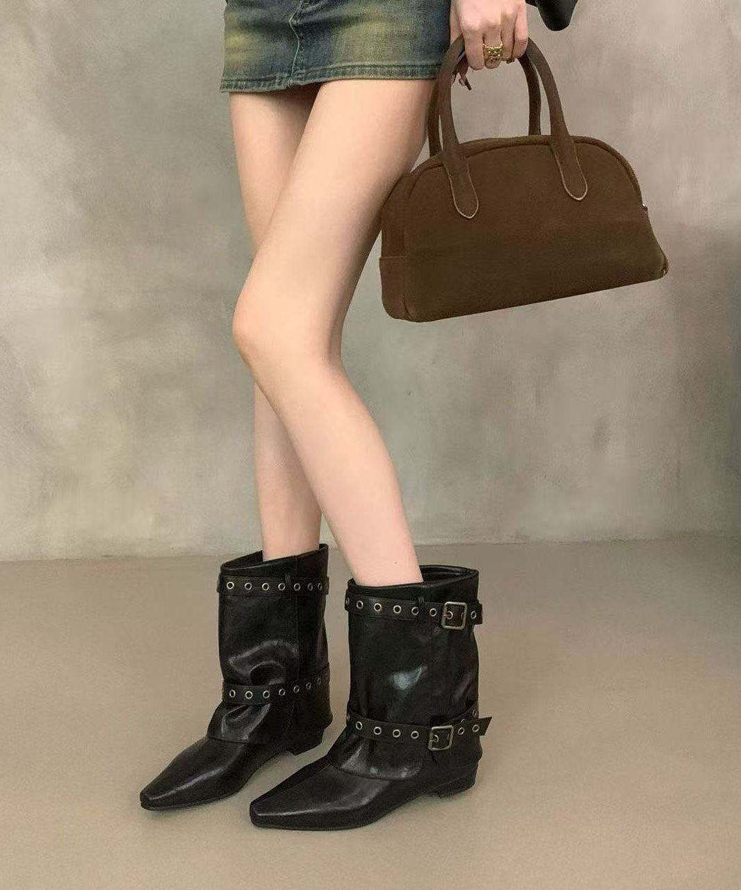 Boho Pointed Toe Wedge Boots Black Faux Leather