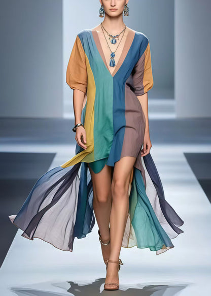 Boho Polychrome Cotton Mid Dress Low High Design Summer