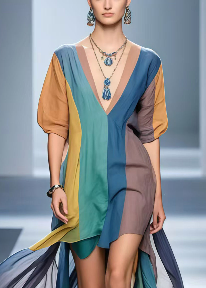 Boho Polychrome Cotton Mid Dress Low High Design Summer