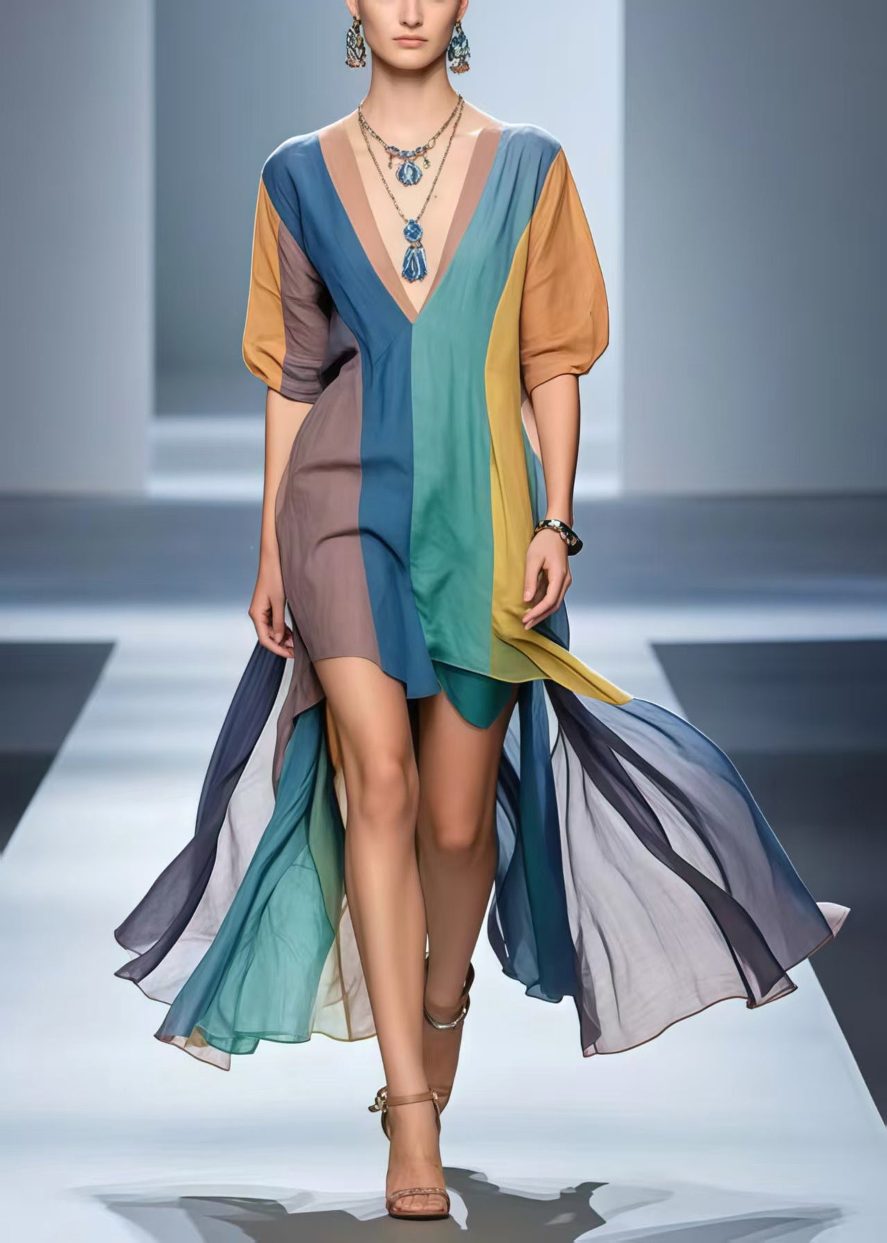 Boho Polychrome Cotton Mid Dress Low High Design Summer