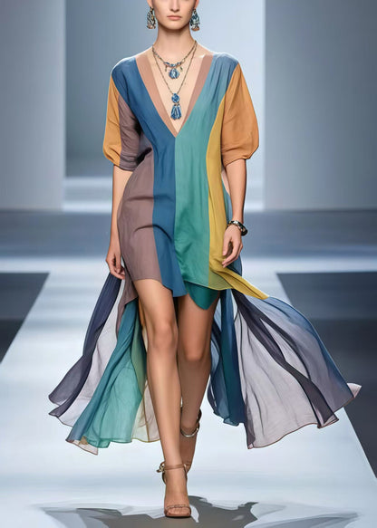 Boho Polychrome Cotton Mid Dress Low High Design Summer