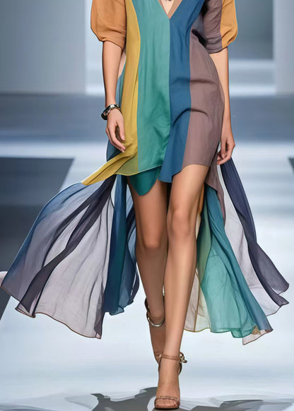 Boho Polychrome Cotton Mid Dress Low High Design Summer