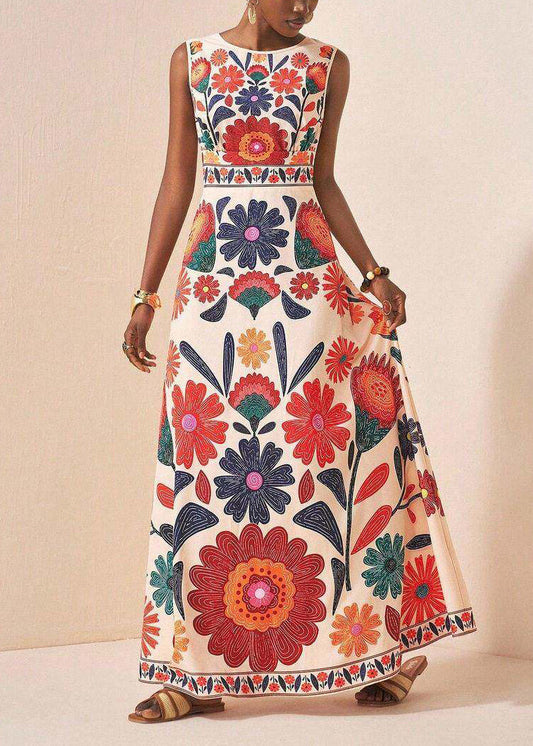 Boho Print Ankle Dress O-Neck Sleeveless
