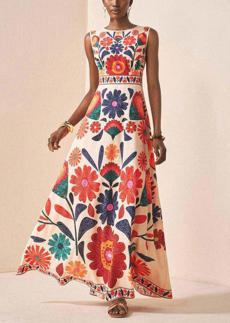Boho Print Ankle Dress O-Neck Sleeveless