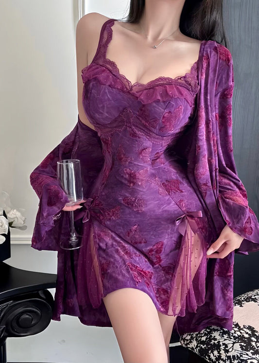Boho Purple Backless Print Lace Pajama Sets