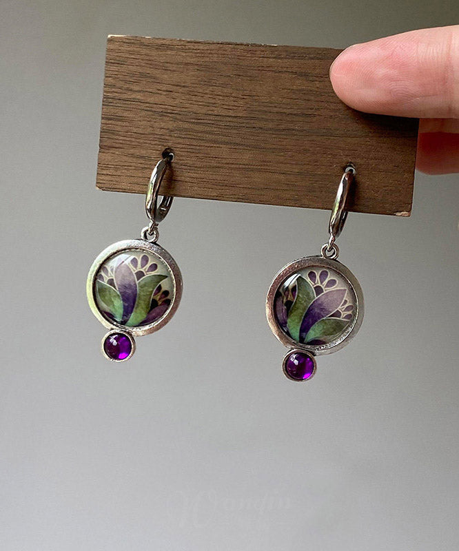 Boho Purple Copper Floral Gem Stone Hoop Earrings