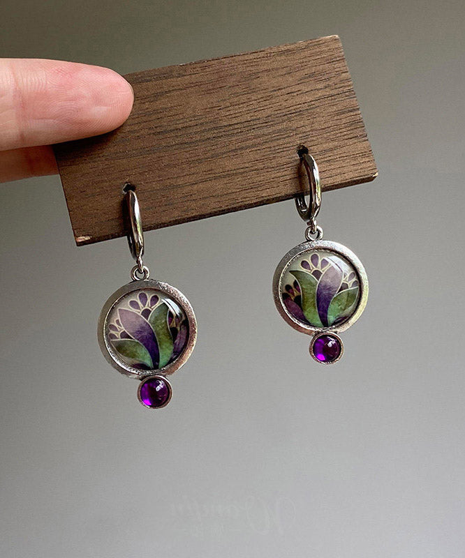 Boho Purple Copper Floral Gem Stone Hoop Earrings