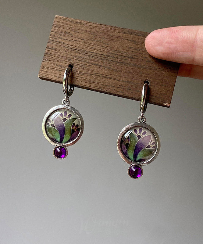Boho Purple Copper Floral Gem Stone Hoop Earrings