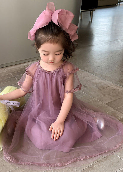 Boho Purple O-Neck Floral Patchwork Tulle Girls Maxi Dress Summer