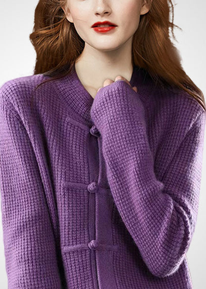 Boho Purple O-Neck Oriental Button Wool Knit Cardigans Winter