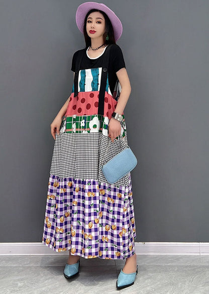 Boho Purple O-Neck Patchwork Print Cotton Strap Long Dresses Short Sleeve