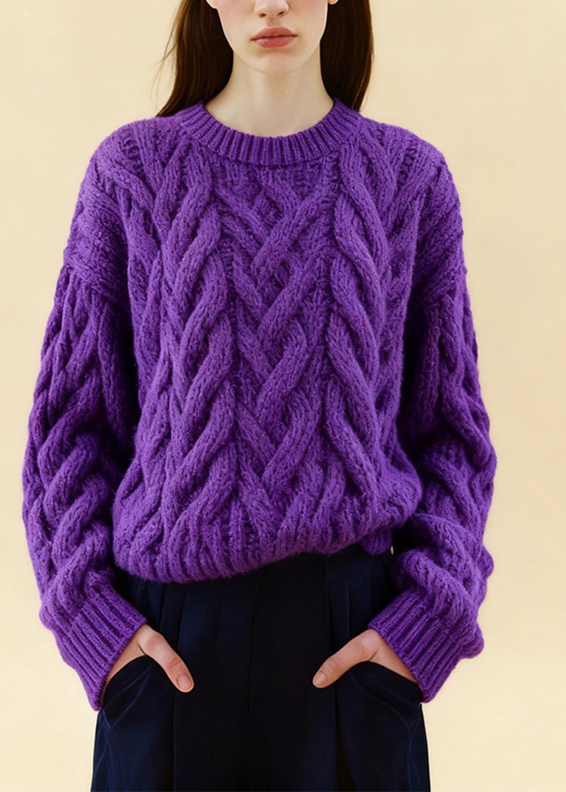 Boho Purple Oversized Cozy Cable Knit Sweaters Winter