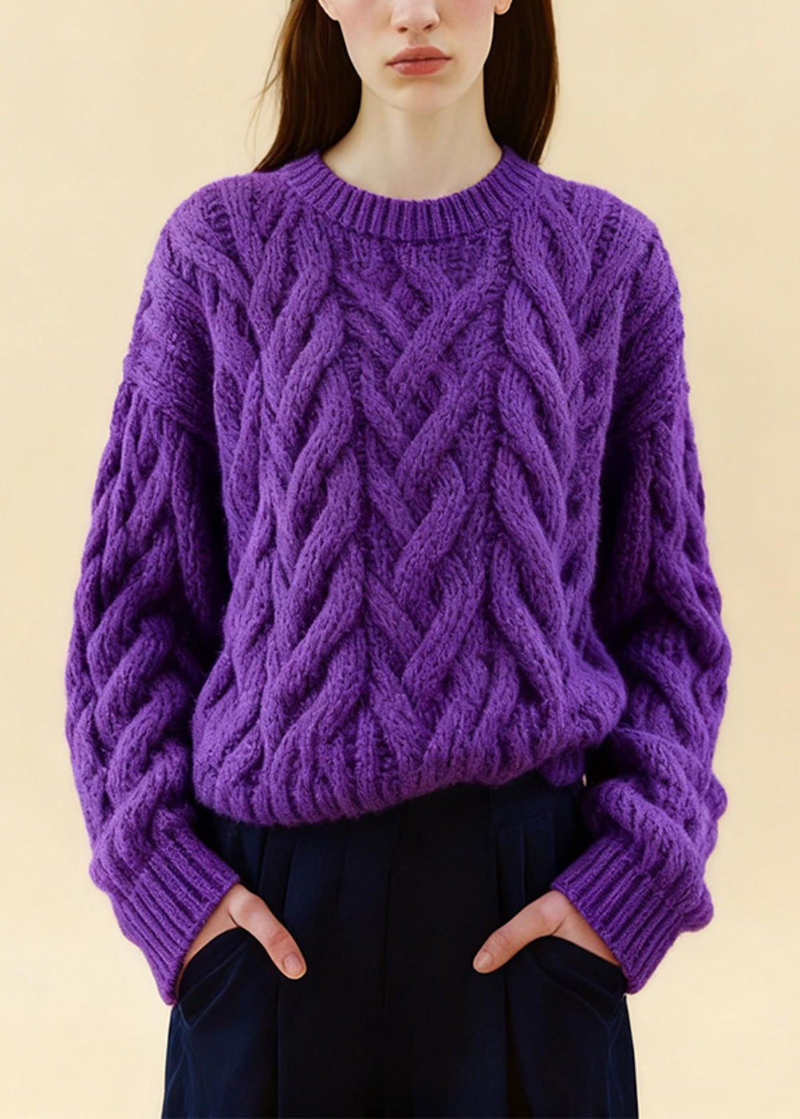 Boho Purple Oversized Cozy Cable Knit Sweaters Winter