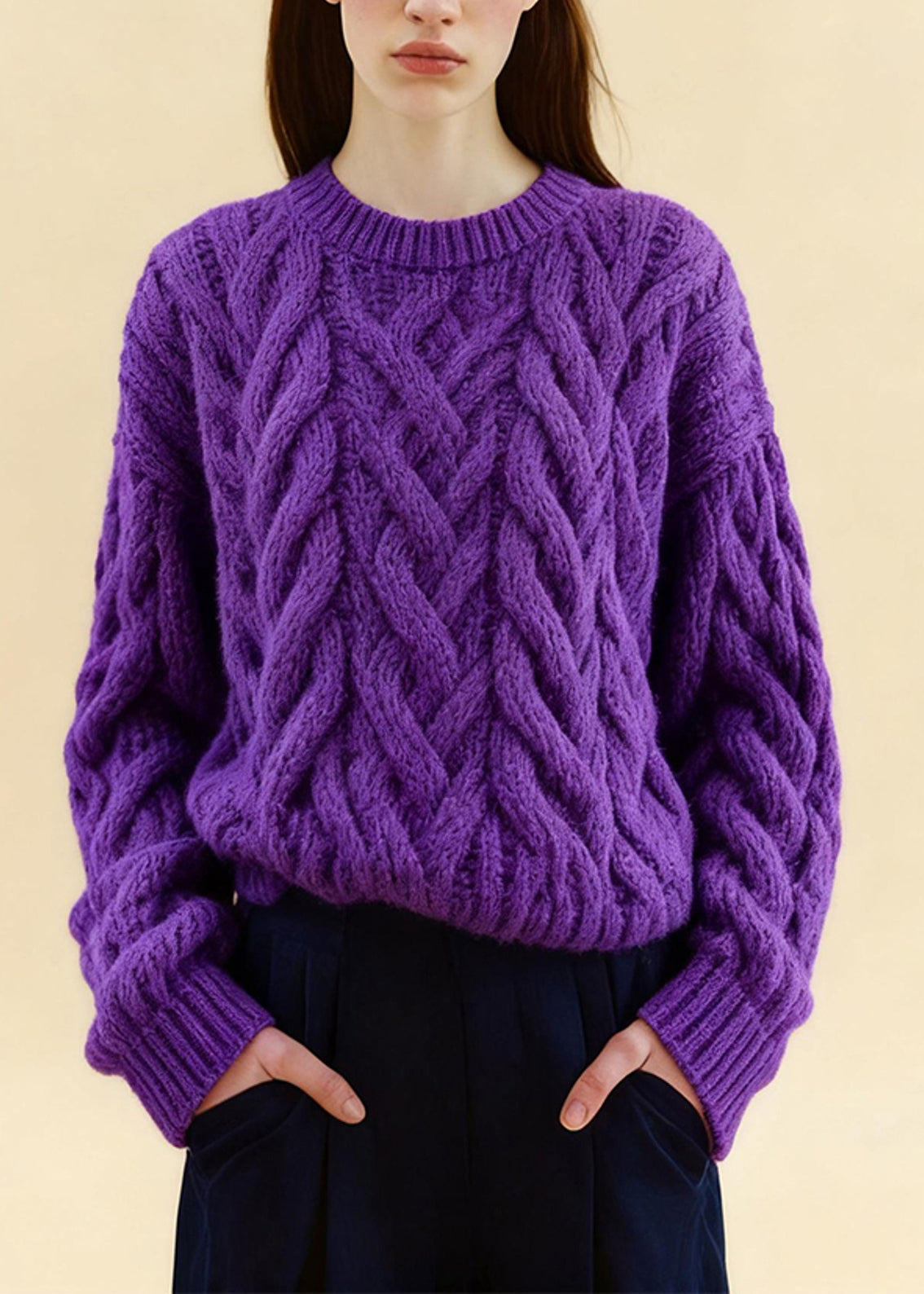 Boho Purple Oversized Cozy Cable Knit Sweaters Winter