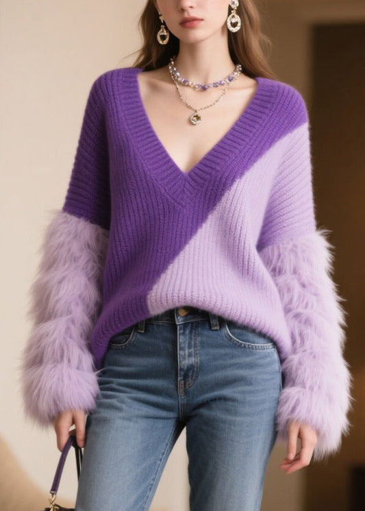 Boho Purple Oversized Patchwork Faux Fur Sweaters Winter