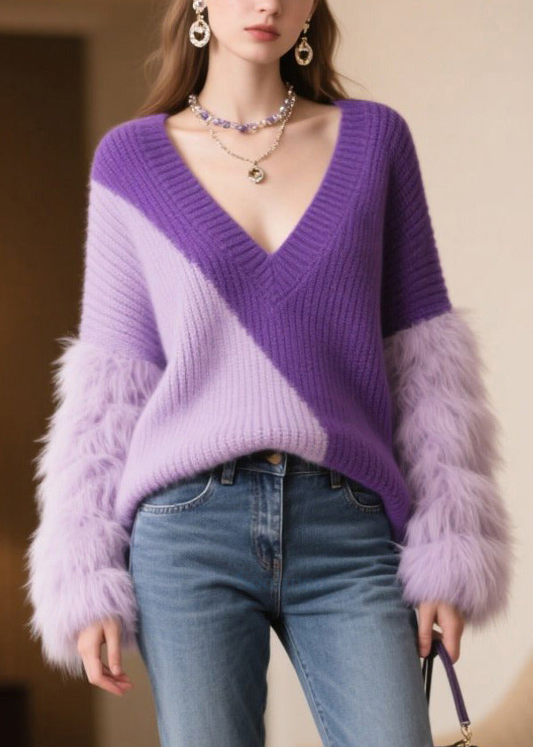 Boho Purple Oversized Patchwork Faux Fur Sweaters Winter