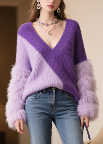 Boho Purple Oversized Patchwork Faux Fur Sweaters Winter