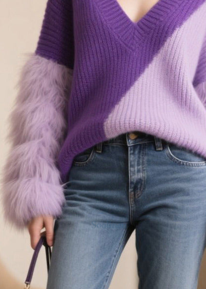 Boho Purple Oversized Patchwork Faux Fur Sweaters Winter
