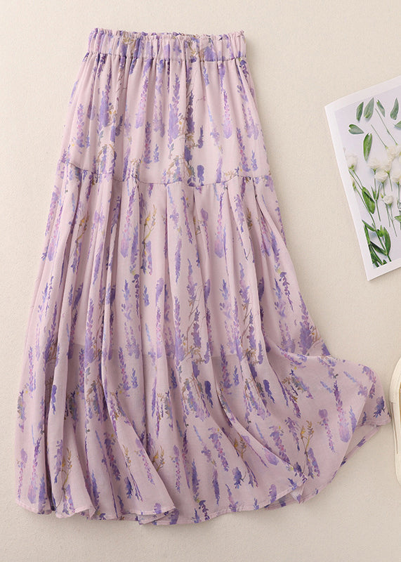 Boho Purple Print Elastic Waist Cotton Skirt Summer