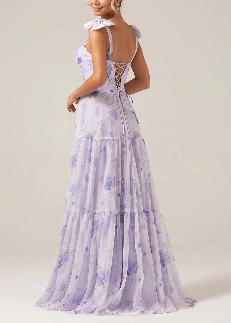 Boho Purple Print Lace Up Chiffon Long Dress Summer